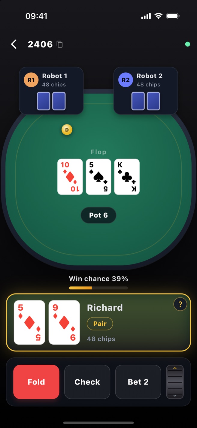 Raw Poker on a phone: a hand on the flop against two AI opponents, with the community cards, your hole cards, a live win-chance bar and Fold / Check / Bet controls.